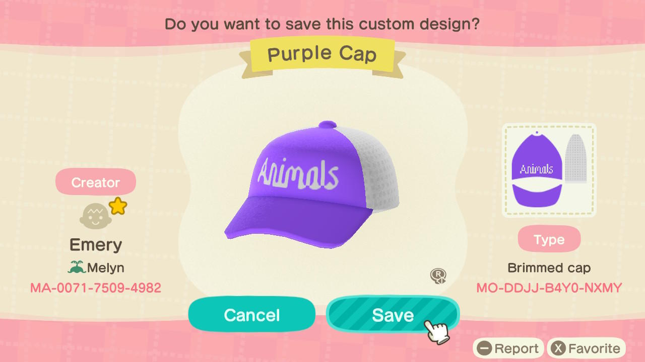 Animal Crossing Design Code: MO-DDJJ-B4Y0-NXMY Purple Cap