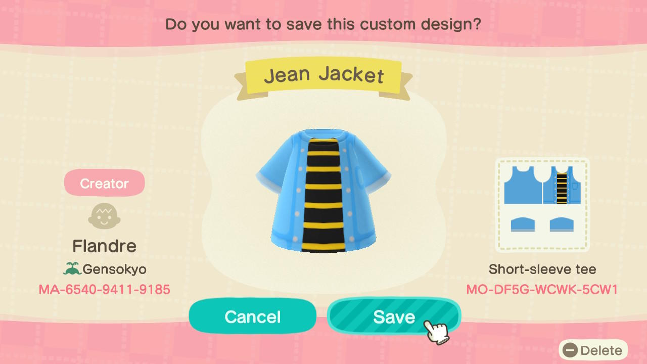 Animal Crossing Design Code: MO-DF5G-WCWK-5CW1 Jean Jacket