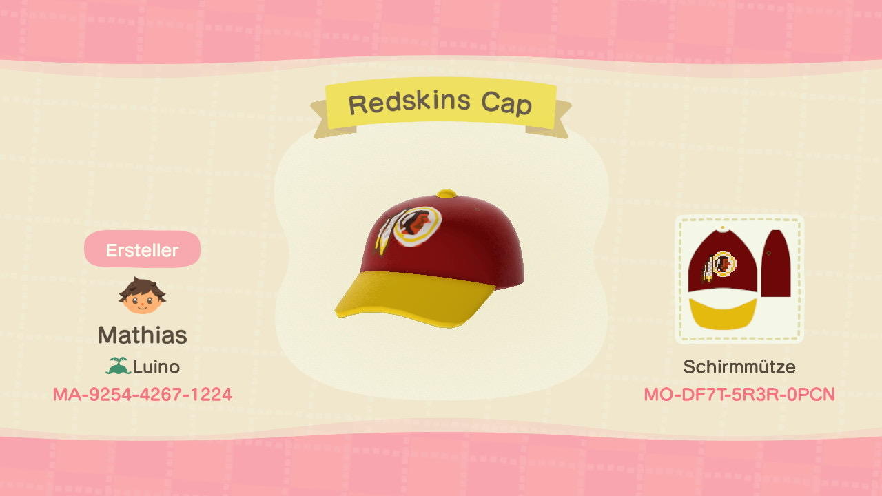 Animal Crossing Design Code: MO-DF7T-5R3R-0PCN Redskins Cap