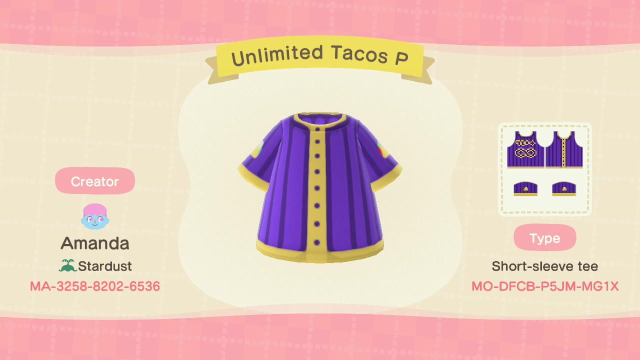 Animal Crossing Design Code: MO-DFCB-P5JM-MG1X Unlimited Tacos P