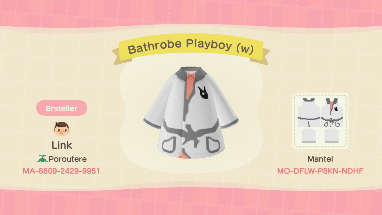 Animal Crossing Design Code: MO-DFLW-P8KN-NDHF Bathrobe Playboy (w)