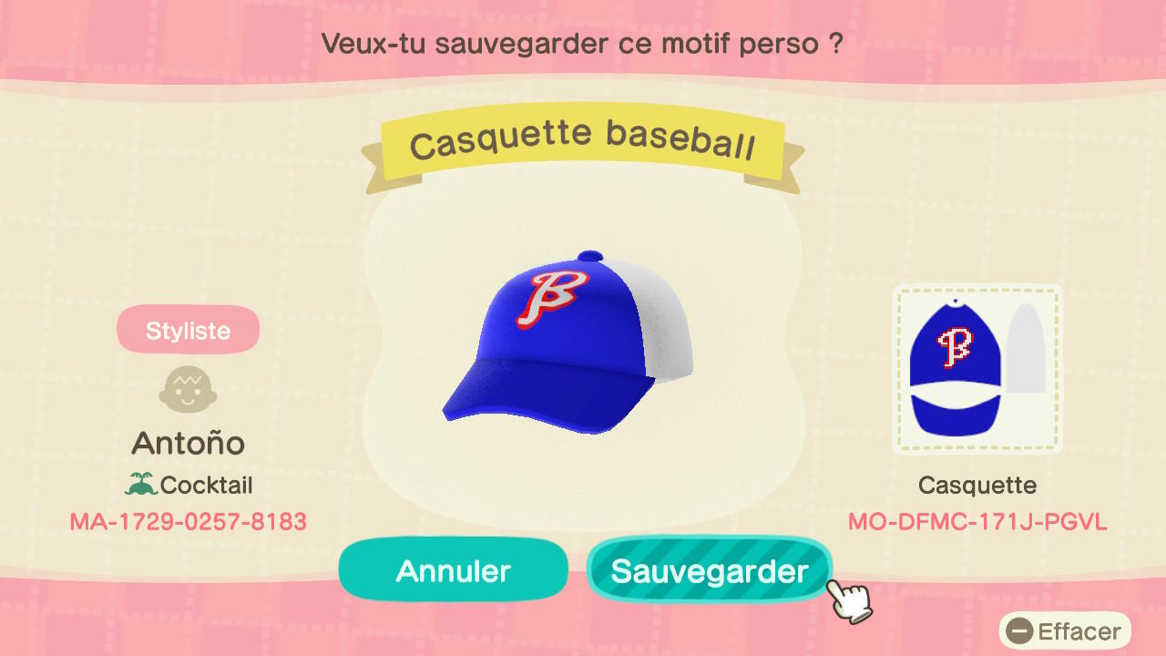 Animal Crossing Design Code: MO-DFMC-171J-PGVL Baseball cap