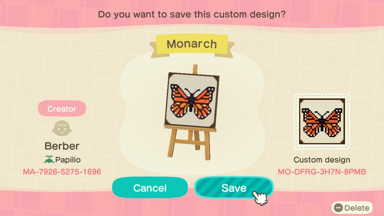 Animal Crossing Design Code: MO-DFRG-3H7N-8PMB Monarch butterfly