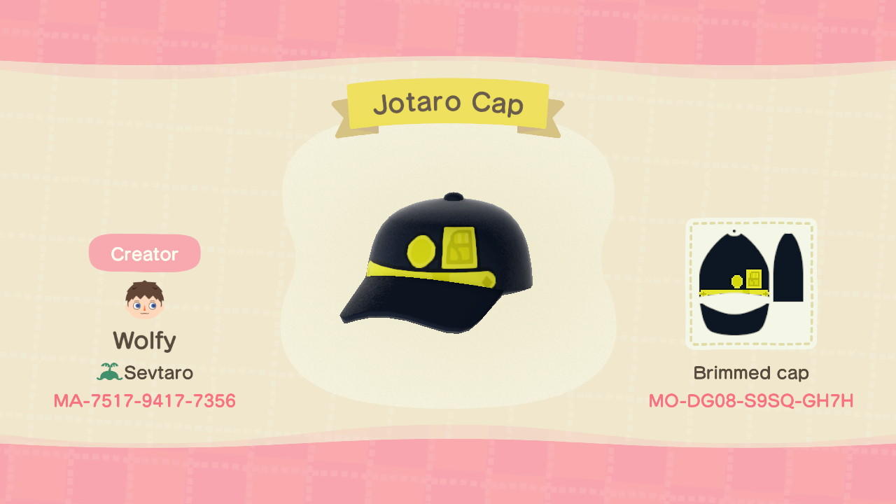 Animal Crossing Design Code: MO-DG08-S9SQ-GH7H Jotaro Cap