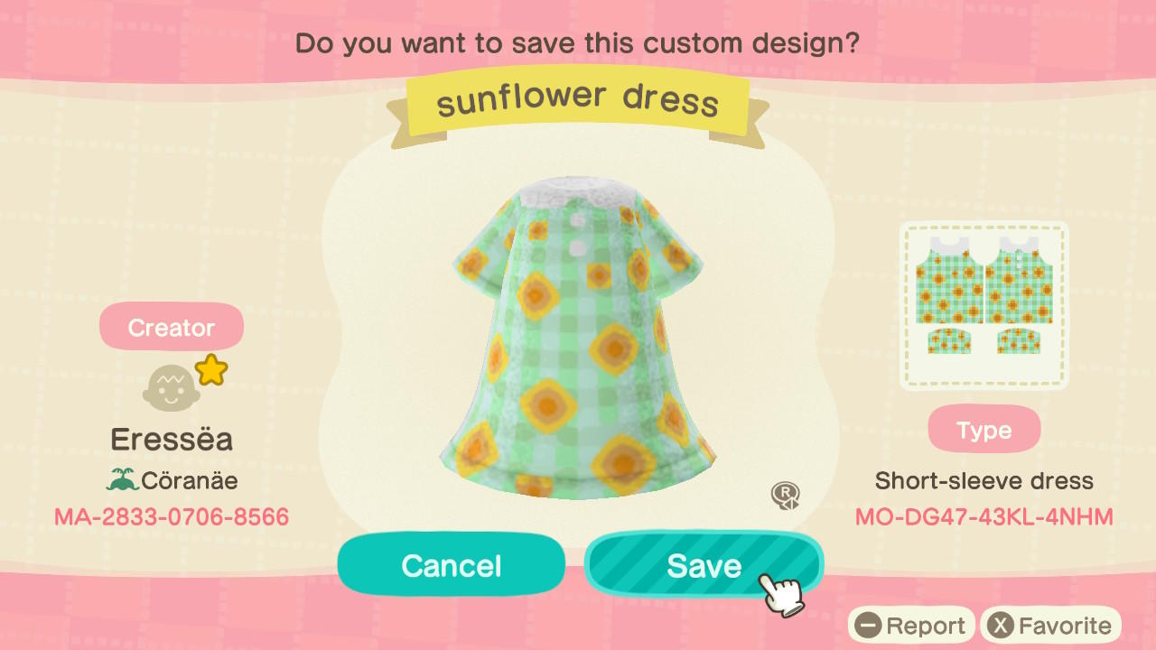 Animal Crossing Design Code: MO-DG47-43KL-4NHM Sunflower Dress