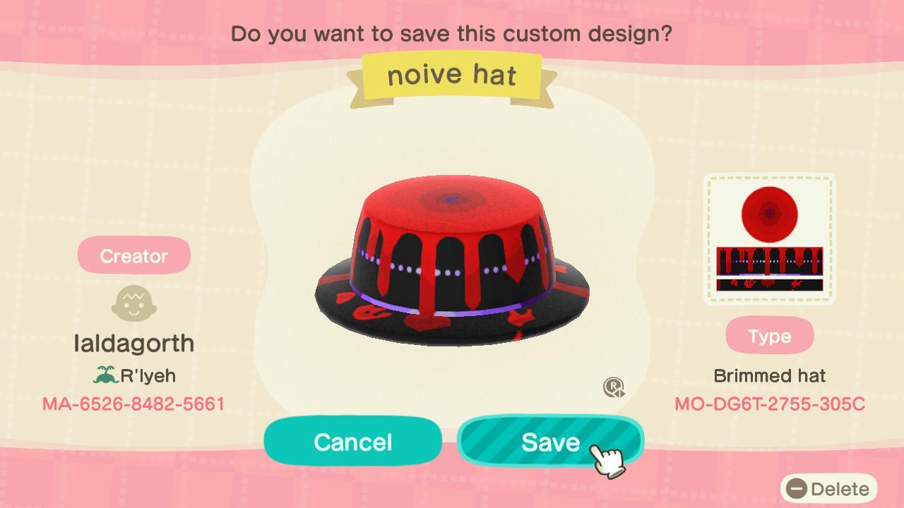 Animal Crossing Design Code: MO-DG6T-2755-305C noive hat
