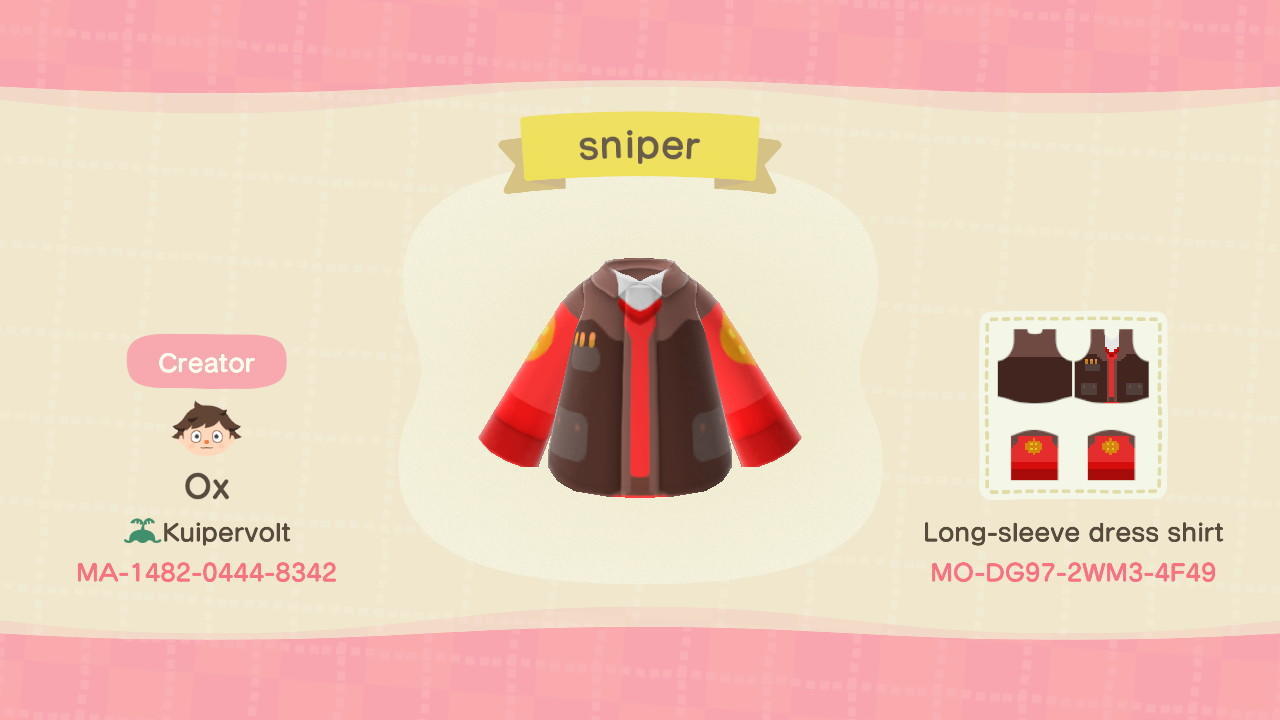 Animal Crossing Design Code: MO-DG97-2WM3-4F49 sniper (tf2)
