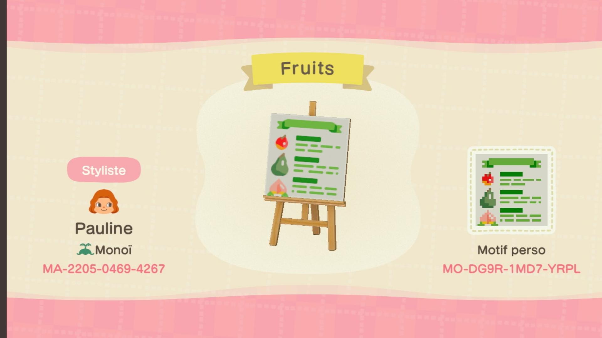 Animal Crossing Design Code: MO-DG9R-1MD7-YRPL Fruits Patterns