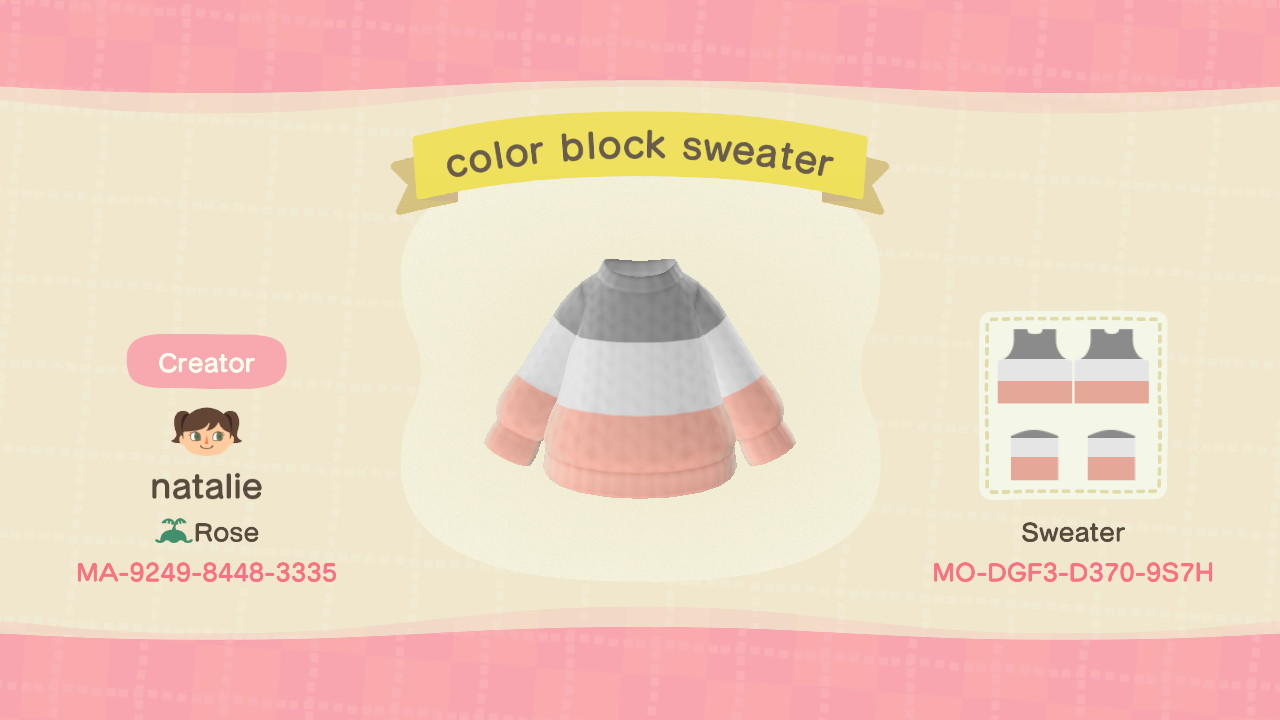Animal Crossing Design Code: MO-DGF3-D370-9S7H color block sweater