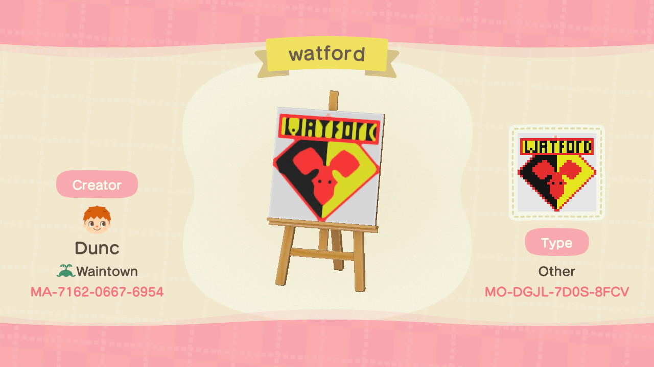 Animal Crossing Design Code: MO-DGJL-7D0S-8FCV Watford FC