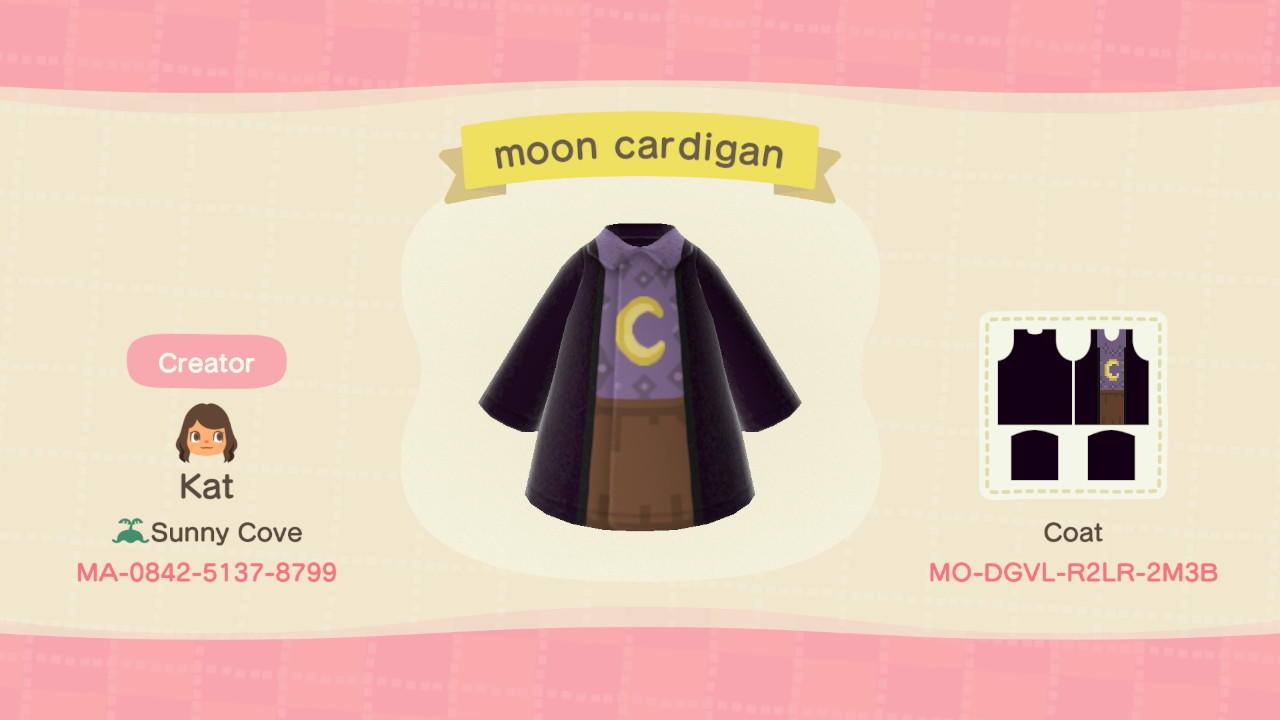 Animal Crossing Design Code: MO-DGVL-R2LR-2M3B Moon Cardigan
