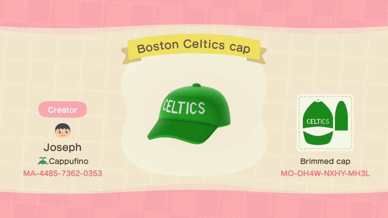 Animal Crossing Design Code: MO-DH4W-NXHY-MH3L Boston Celtics Cap