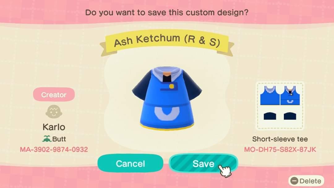 Animal Crossing Design Code: MO-DH75-S82X-87JK Ash Ketchum (R & S)