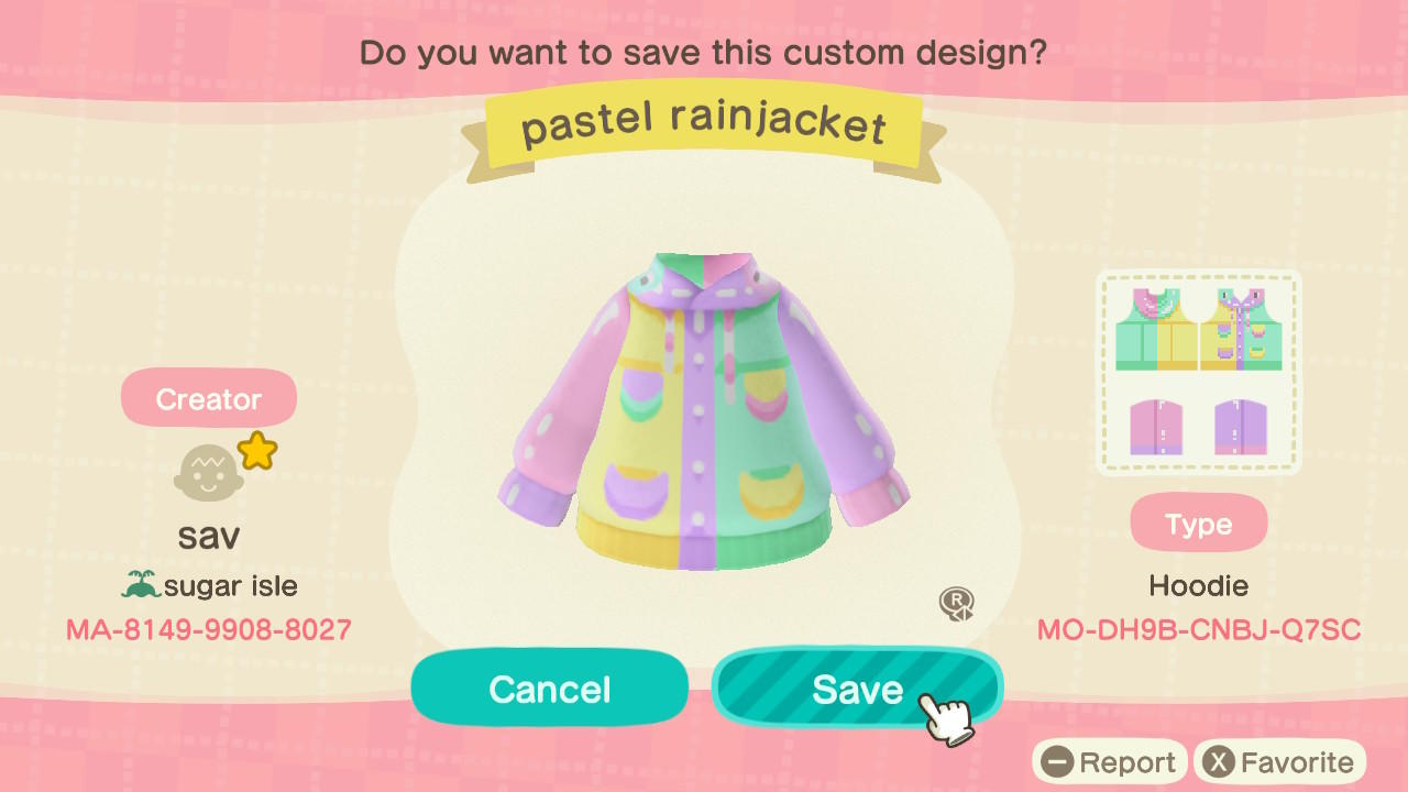 Animal Crossing Design Code: MO-DH9B-CNBJ-Q7SC Pastel Rainjacket