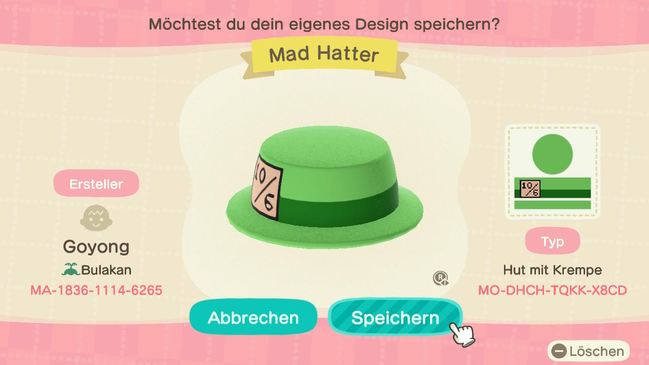 Animal Crossing Design Code: MO-DHCH-TQKK-X8CD Mad Hatter