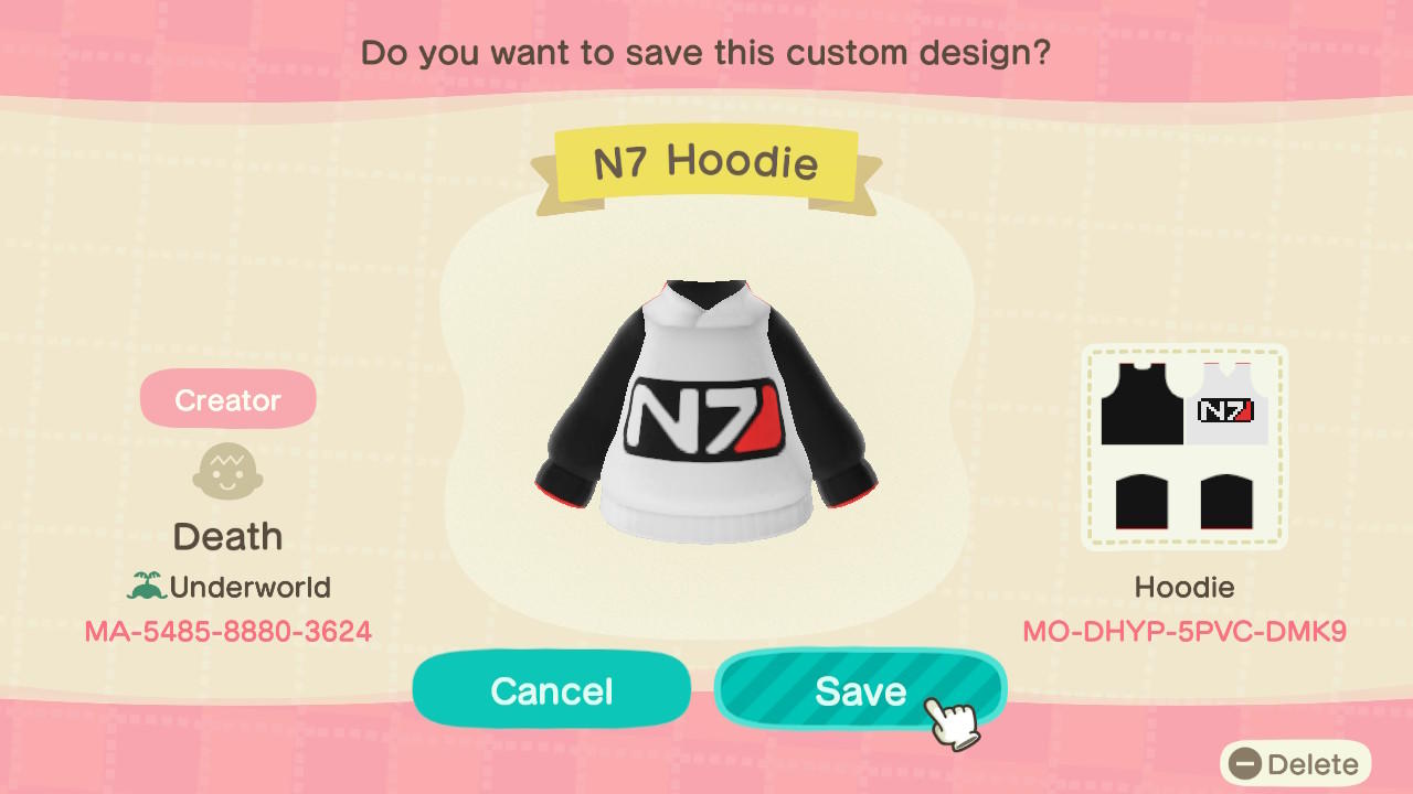 Animal Crossing Design Code: MO-DHYP-5PVC-DMK9 Mass Effect N7