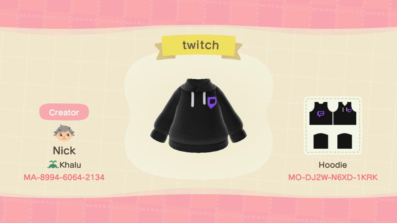 Animal Crossing Design Code: MO-DJ2W-N6XD-1KRK Twitch Hoodie