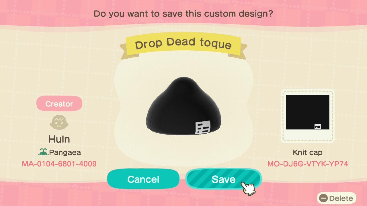 Animal Crossing Design Code: MO-DJ6G-VTYK-YP74 Drop Dead Toque