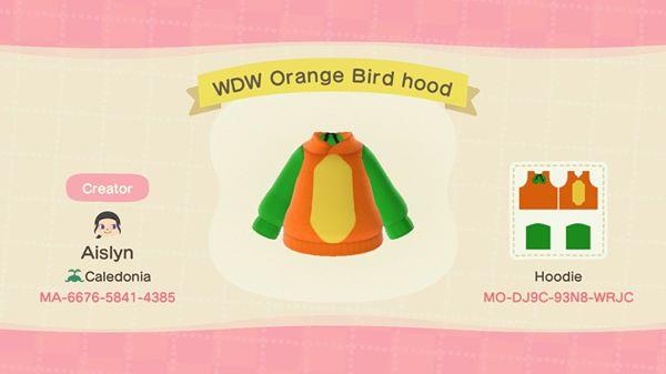 Animal Crossing Design Code: MO-DJ9C-93N8-WRJC WDW Orange Bird hood