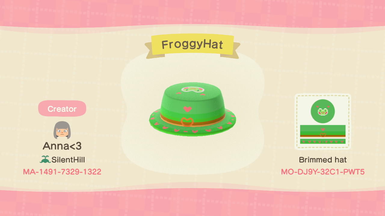 Animal Crossing Design Code: MO-DJ9Y-32C1-PWT5 FroggyHat