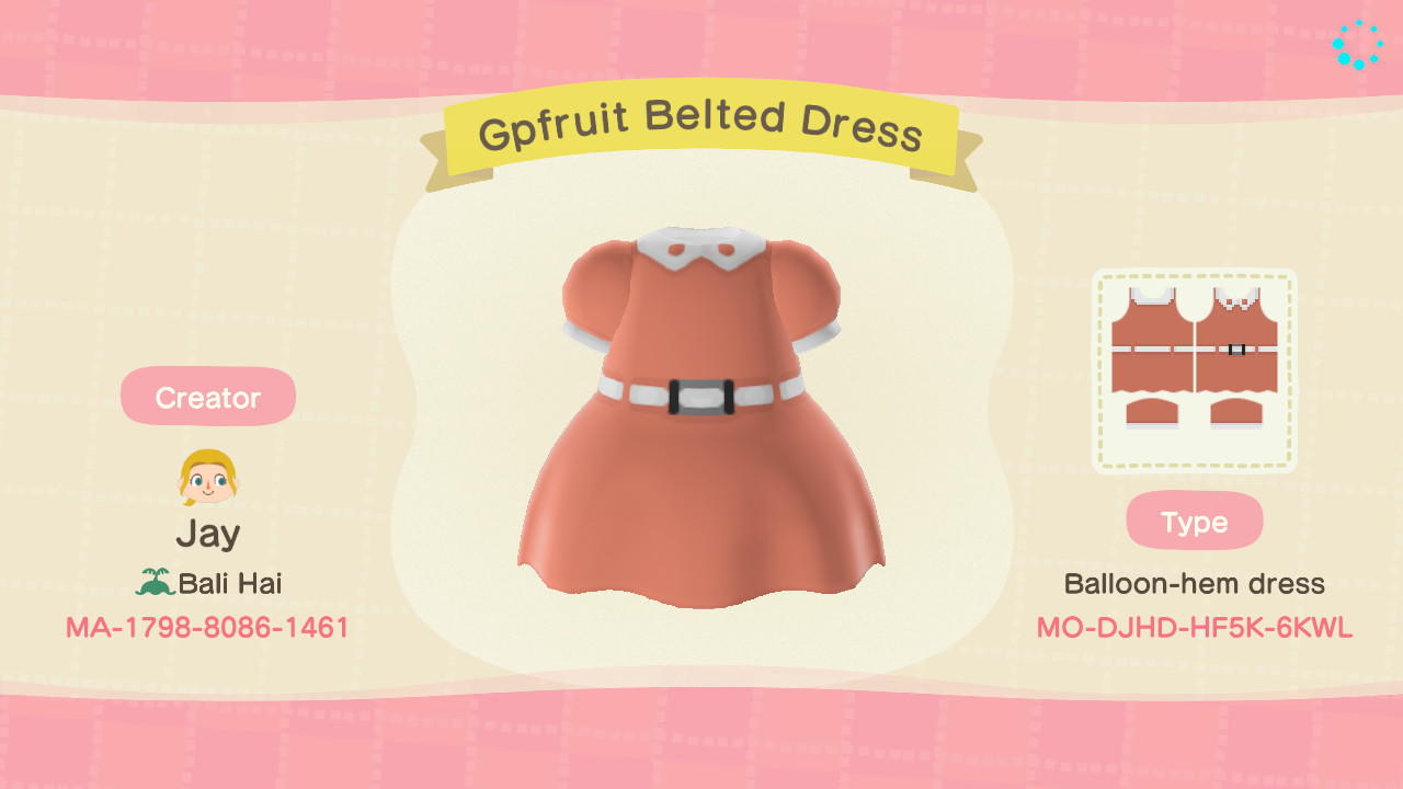 Animal Crossing Design Code: MO-DJHD-HF5K-6KWL Gpfruit Belted Dress