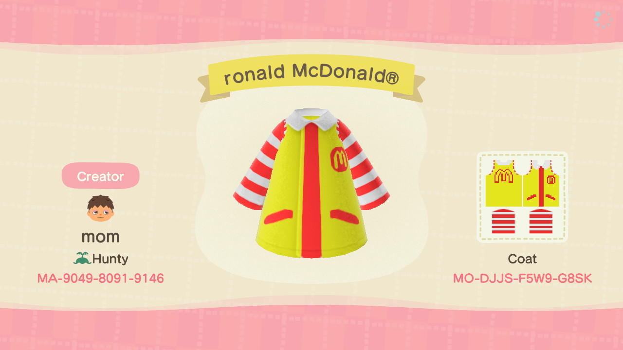 Animal Crossing Design Code: MO-DJJS-F5W9-G8SK Ronald McDonald