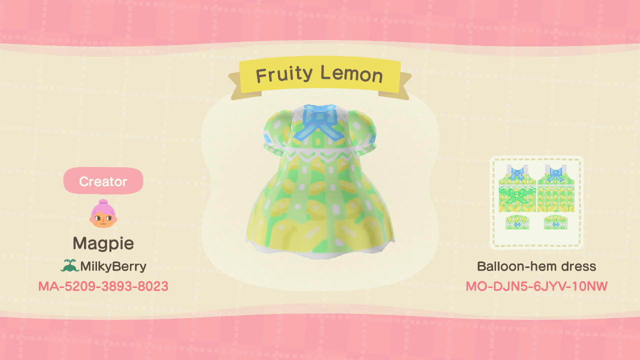 Animal Crossing Design Code: MO-DJN5-6JYV-10NW Fruity Lemon