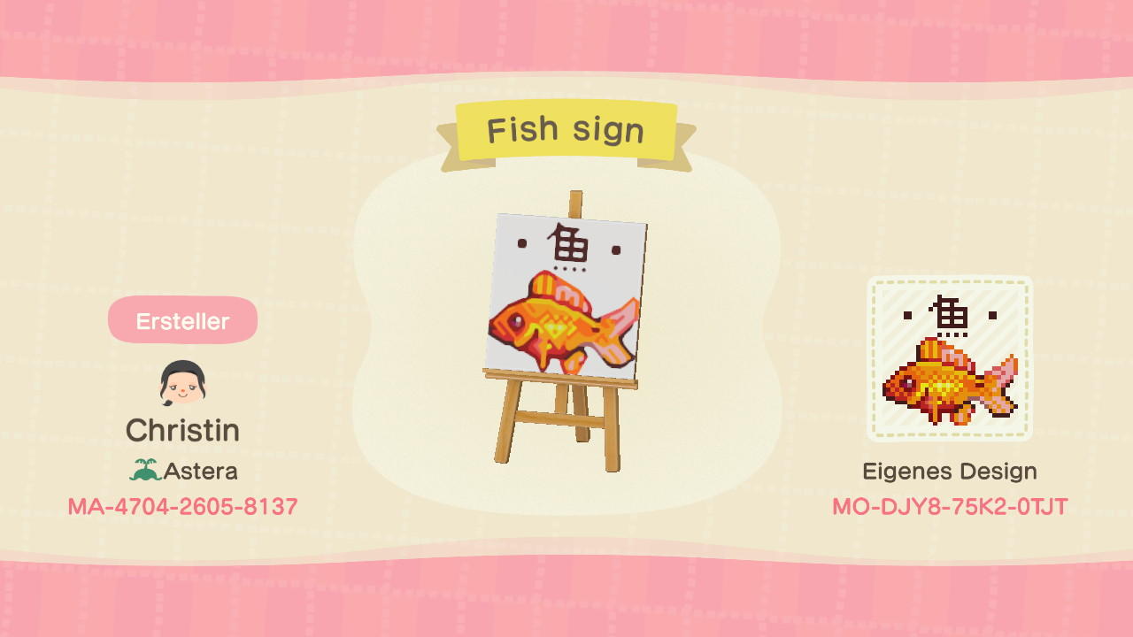 Animal Crossing Design Code: MO-DJY8-75K2-0TJT Fish Sign