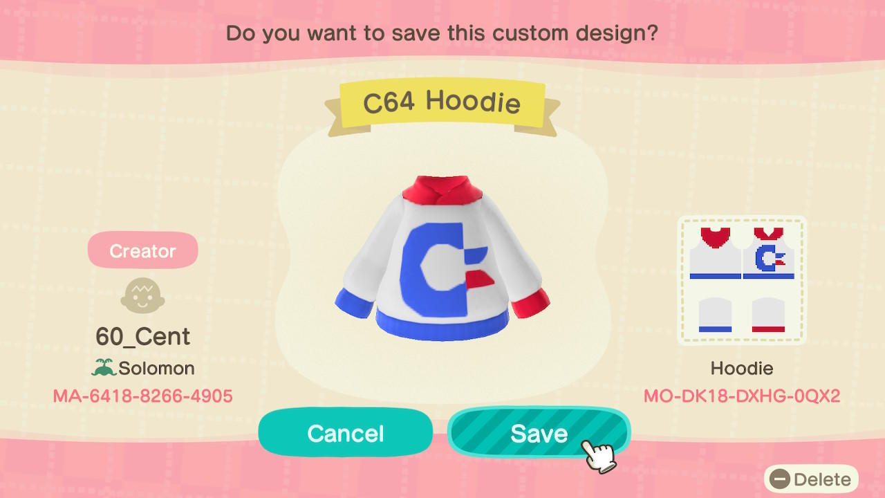 Animal Crossing Design Code: MO-DK18-DXHG-0QX2 C64 Hoodie