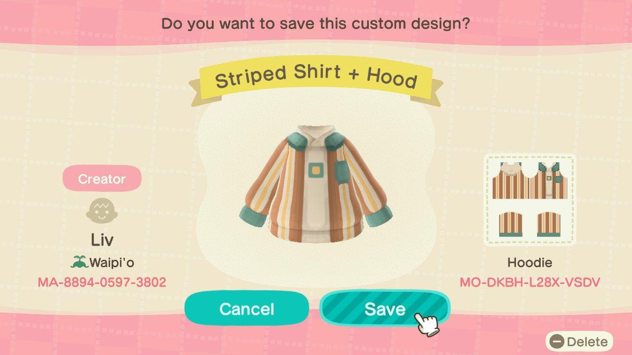 Animal Crossing Design Code: MO-DKBH-L28X-VSDV Striped Shirt + Hood
