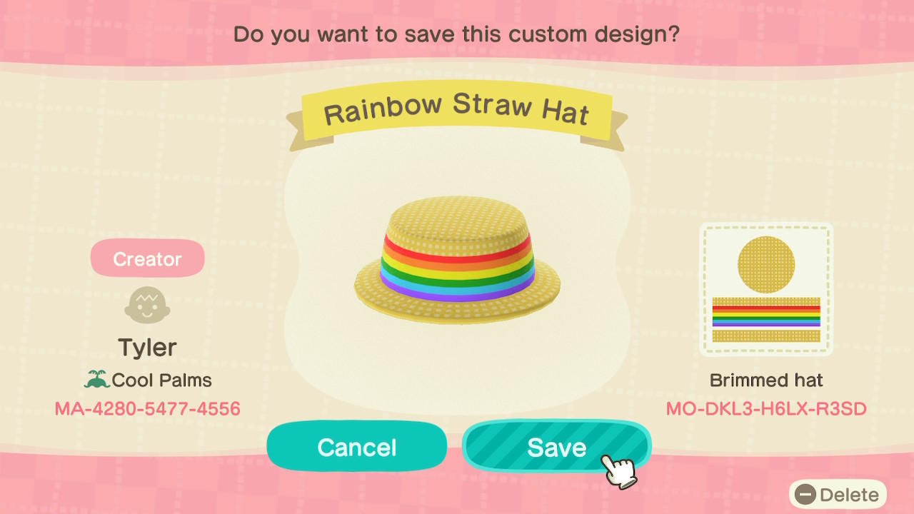 Animal Crossing Design Code: MO-DKL3-H6LX-R3SD Rainbow Straw Hat