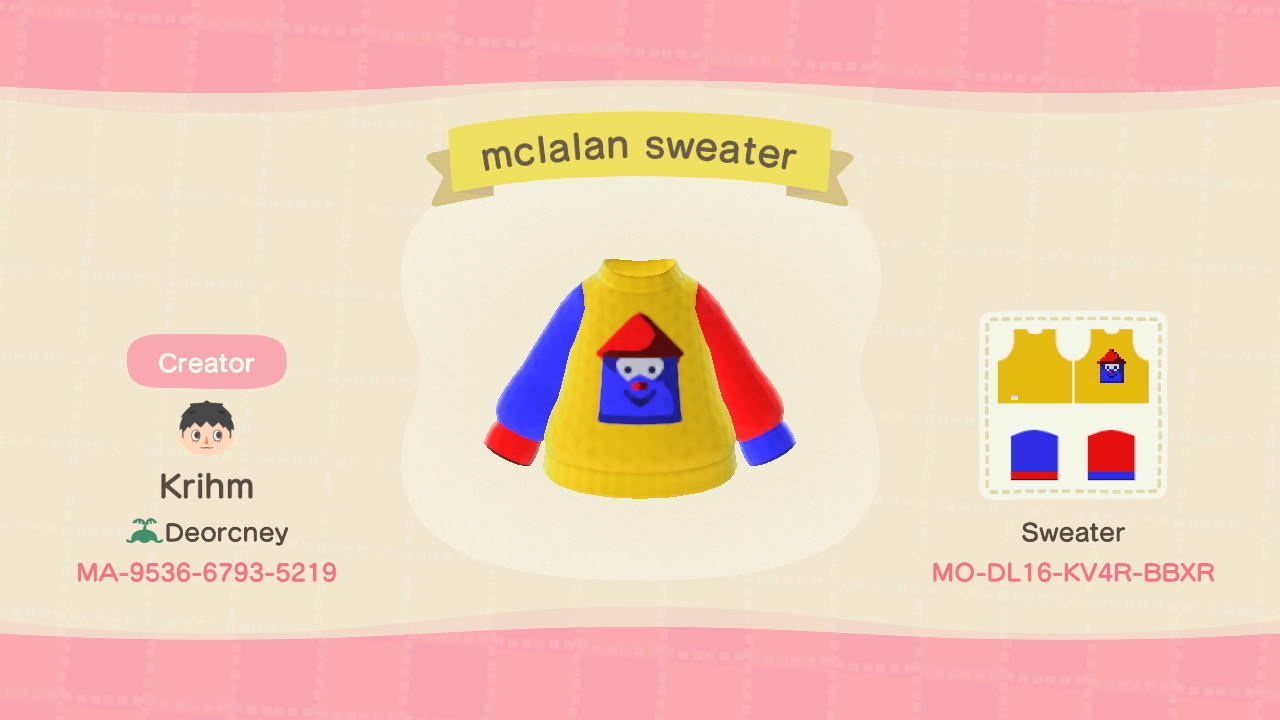Animal Crossing Design Code: MO-DL16-KV4R-BBXR mclalan sweater