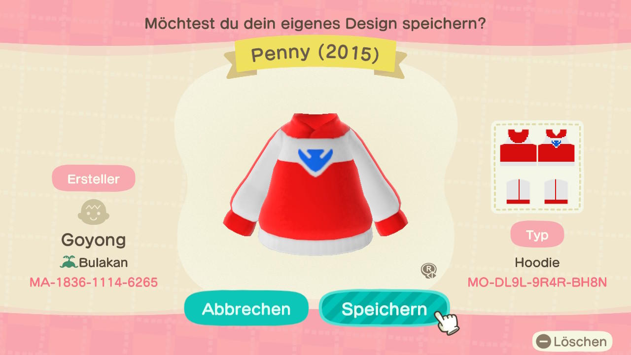 Animal Crossing Design Code: MO-DL9L-9R4R-BH8N Penny (2015)