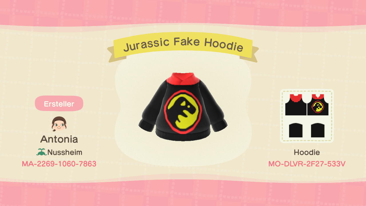Animal Crossing Design Code: MO-DLVR-2F27-533V Jurassic Fake Hoodie