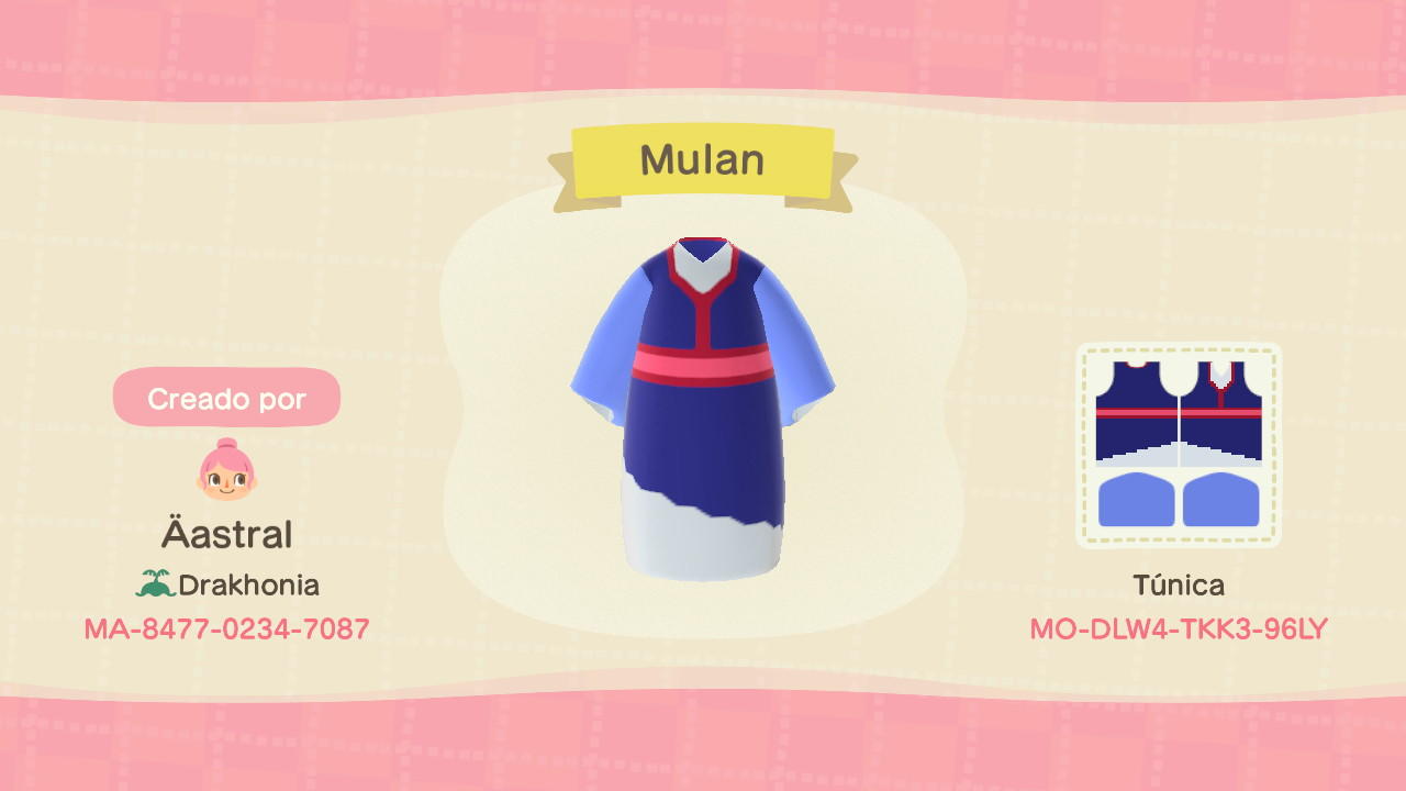 Animal Crossing Design Code: MO-DLW4-TKK3-96LY Mulan dress