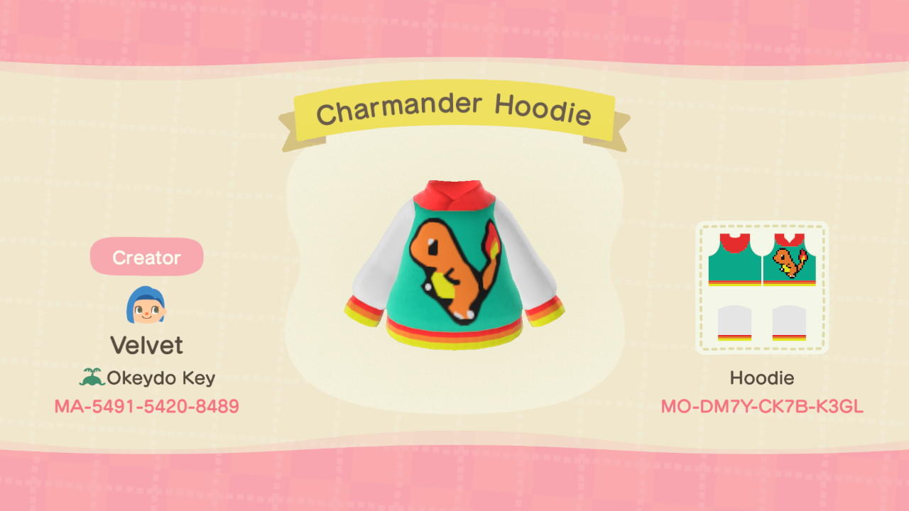 Animal Crossing Design Code: MO-DM7Y-CK7B-K3GL Charmander Hoodie