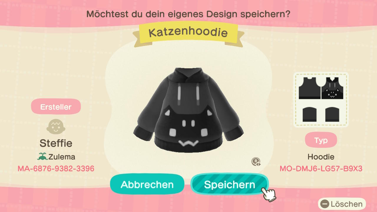 Animal Crossing Design Code: MO-DMJ6-LG57-B9X3 Katzenhoodie