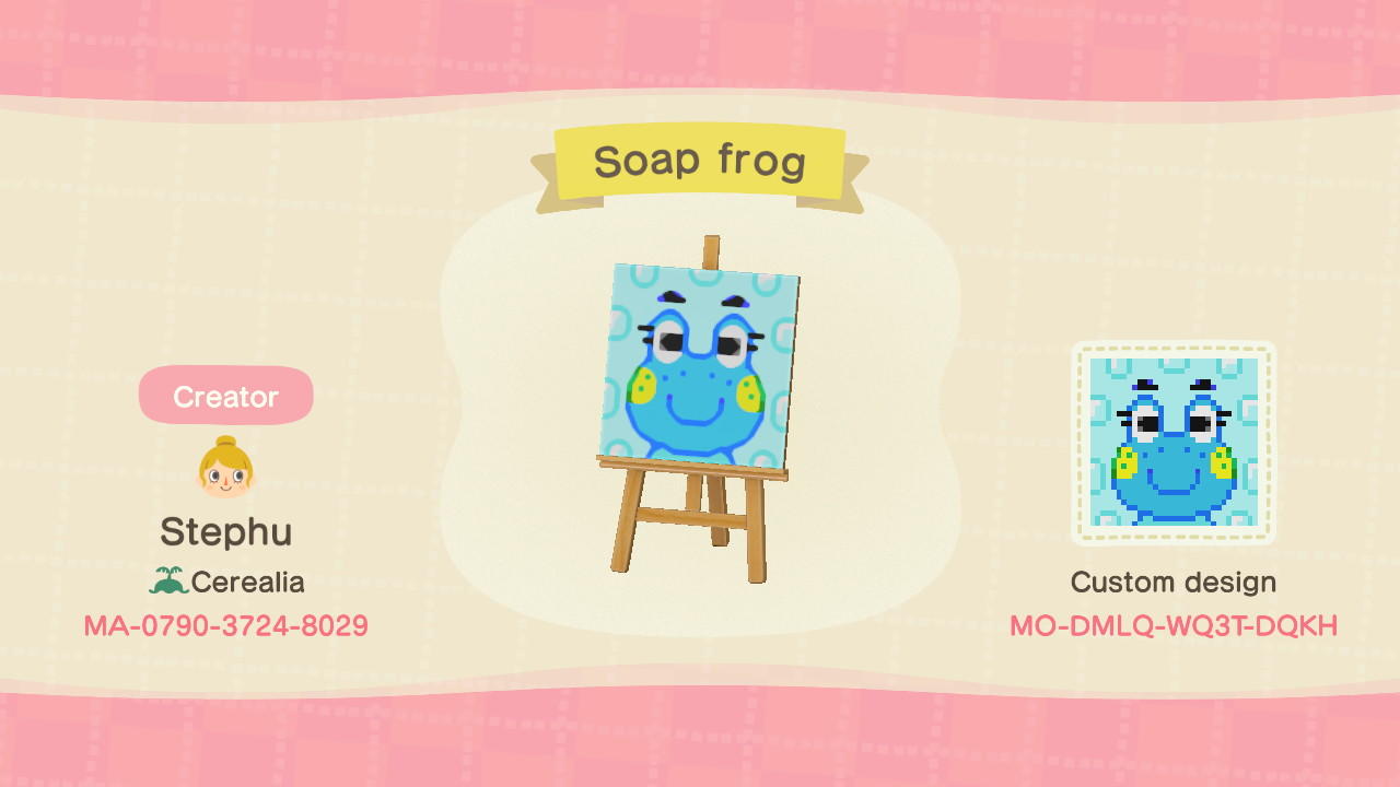 Animal Crossing Design Code: MO-DMLQ-WQ3T-DQKH Soap frog