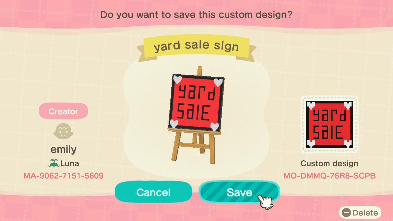 Animal Crossing Design Code: MO-DMMQ-76R8-SCPB yard sale sign
