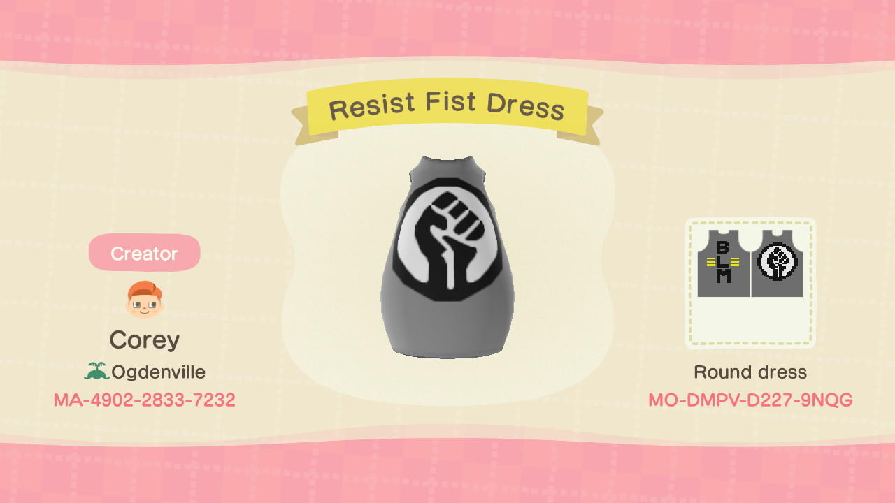 Animal Crossing Design Code: MO-DMPV-D227-9NQG Resist Fist Dress