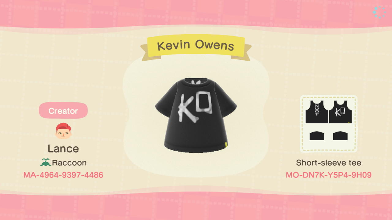 Animal Crossing Design Code: MO-DN7K-75P4-9H09 Kevin Owens NXT