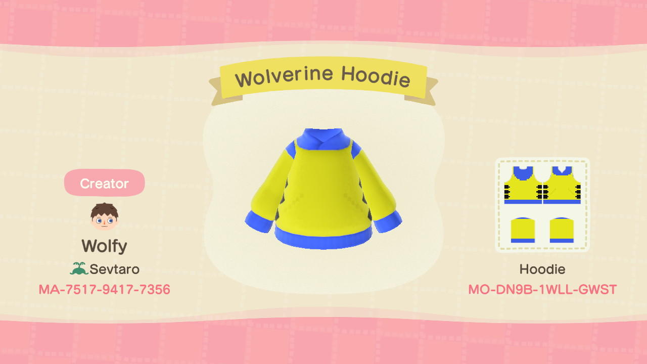 Animal Crossing Design Code: MO-DN9B-1WLL-GWST Wolverine Hoodie
