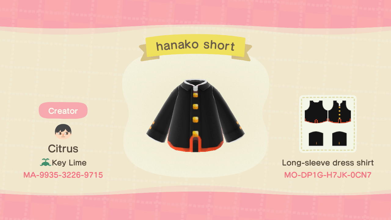 Animal Crossing Design Code: MO-DP1G-H7JK-0CN7 hanako short
