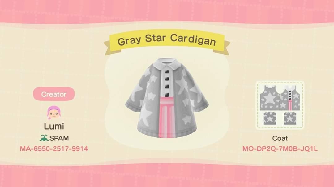 Animal Crossing Design Code: MO-DP2Q-7M0B-JQ1L Gray Star Cardigan