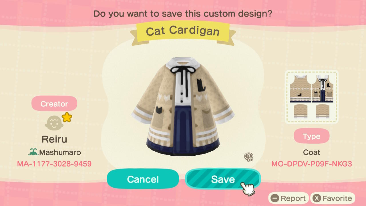 Animal Crossing Design Code: MO-DPDV-P09F-NKG3 Cat Cardigan
