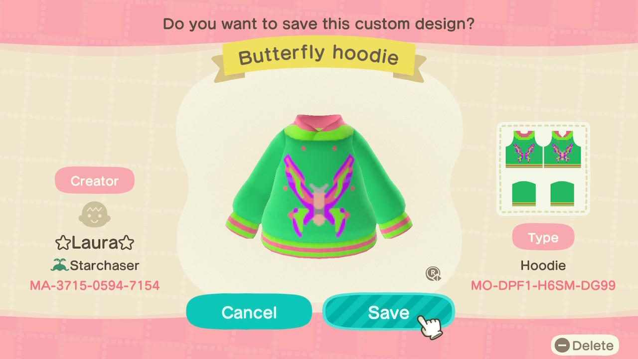 Animal Crossing Design Code: MO-DPF1-H6SM-DG99 Butterfly hoodie