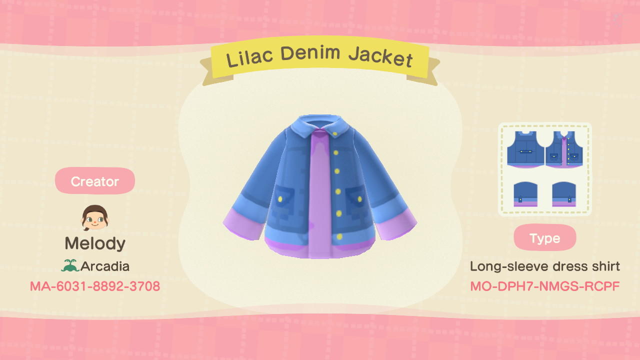 Animal Crossing Design Code: MO-DPH7-NMGS-RCPF Lilac Denim Jacket