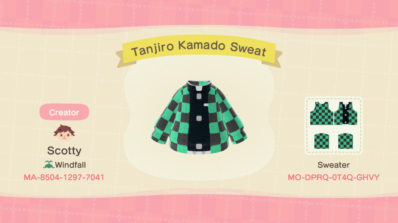 Animal Crossing Design Code: MO-DPRQ-0T4Q-GHVY Tanjiro Kamado Sweat