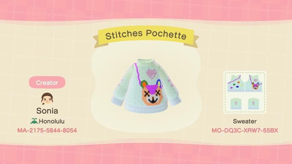 Animal Crossing Design Code: MO-DQ3C-XRW7-55BX Stitches Pochette