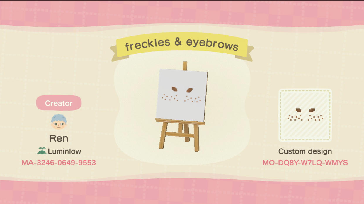 Animal Crossing Design Code: MO-DQ8Y-W7LQ-WMYS freckles & eyebrows